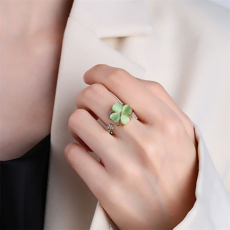 Cat's Eye Four Leaf Clover Zircon Love Rotatable Ring - Image 3