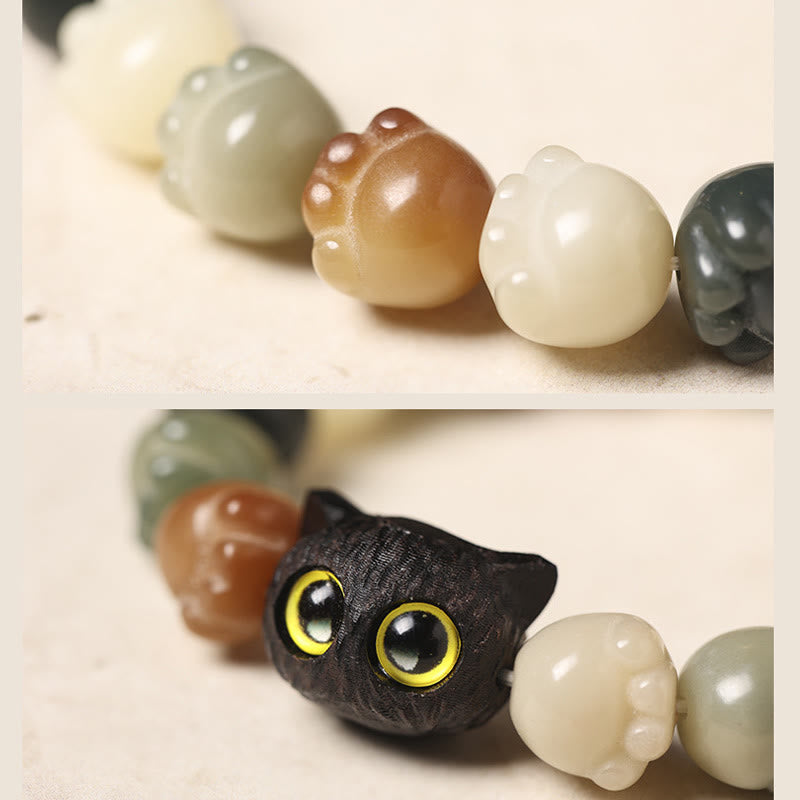 Natural Bodhi Seed Lovely Paw Ebony Wood Lucky Cat Wisdom Bracelet - Image 6