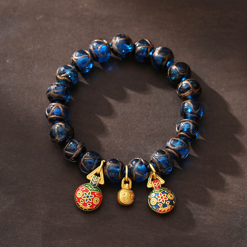 Gold Swallowing Beast Luck Charm Blue Liuli Glass Bead Fortune Bracelet