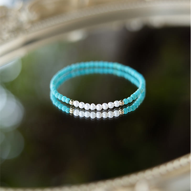 925 Sterling Silver Natural Turquoise Pearl Beaded Bracelet - Image 14