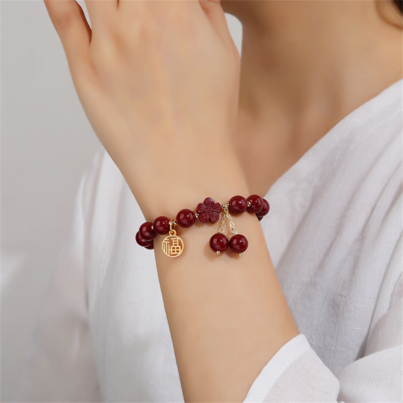 Cinnabar Fu Character Cherry Blossom Blessing Bracelet - Image 3