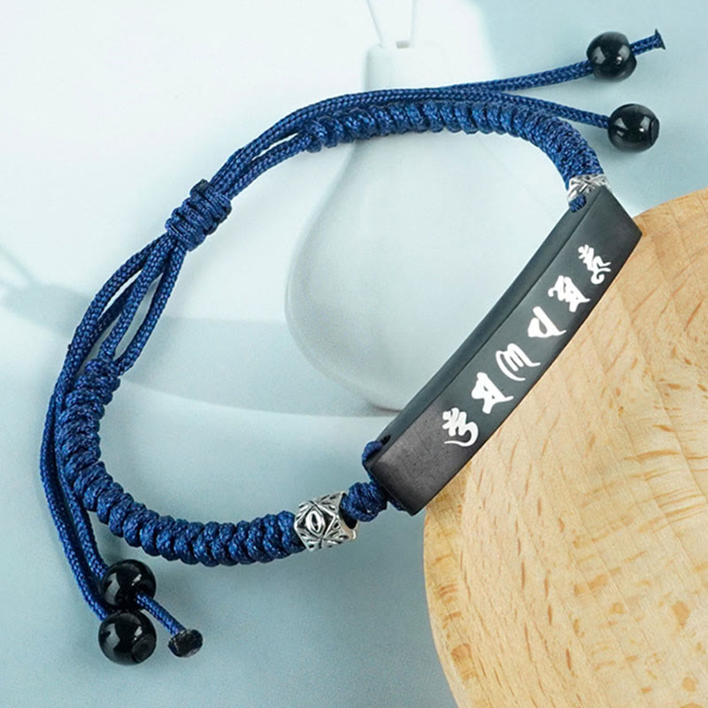 Buddhism Six True Words Wood Ebony Wood Silver Inlaid Protection Bracelet