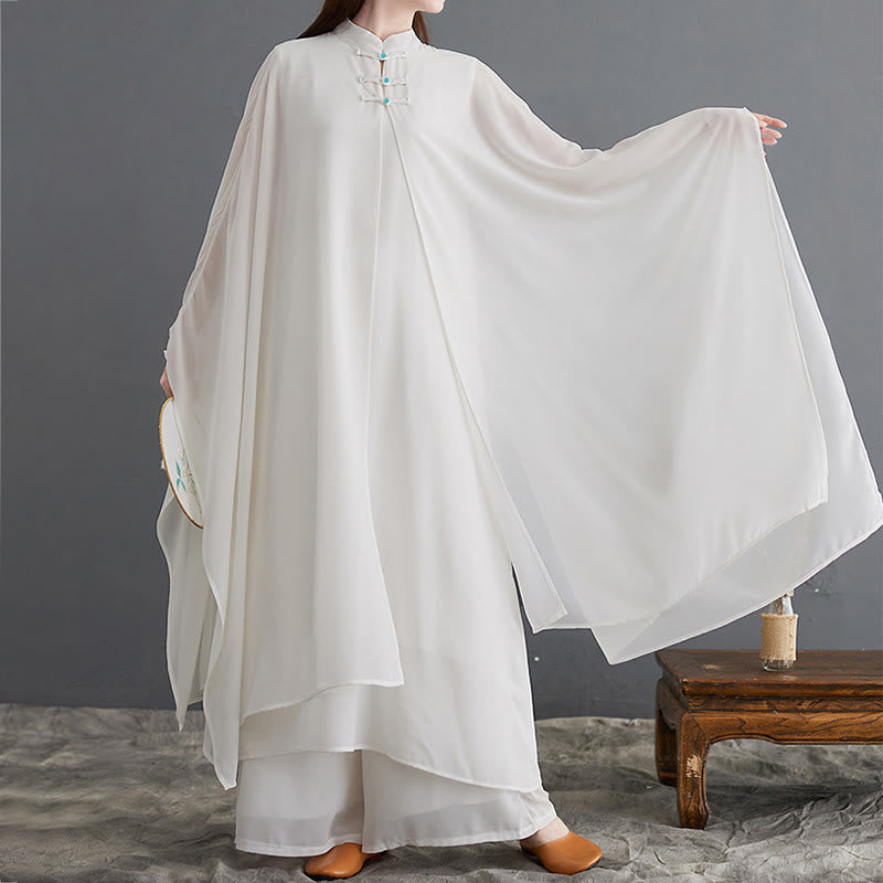 2Pcs Frog-Button Long Sleeve Midi Dress Wide Leg Pants Chiffon Zen Women's Set - Image 7