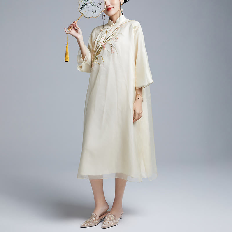 100% Mulberry Silk 6 Momme Dress Vintage Flower Butterfly Embroidery Qipao Dress Women's Cheongsam Dress - Image 7