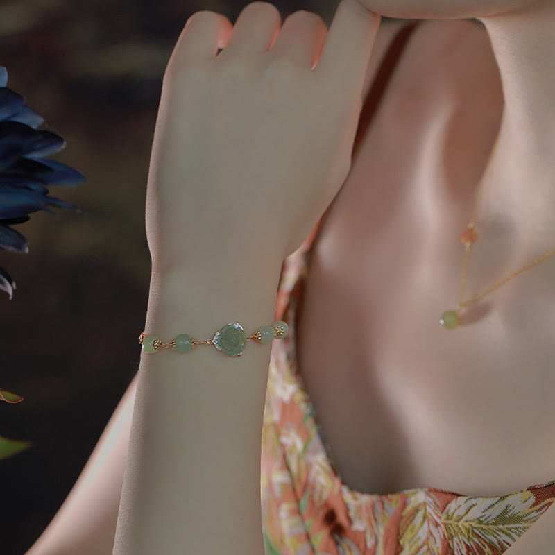 14K Gold Plated Hetian Jade Rose Flower Luck Chain Bracelet - Image 10