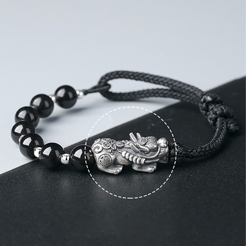 999 Sterling Silver FengShui PiXiu Natural Black Obsidian 925 Sterling Silver Bead Strength Bracelet - Image 5