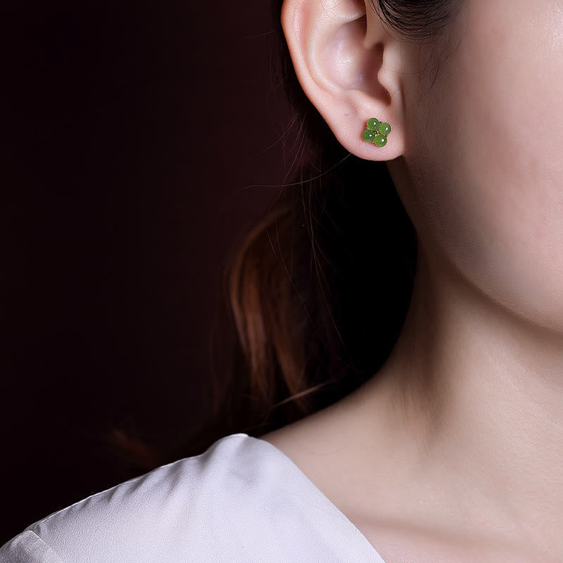 925 Sterling Silver Plated Gold Natural Cyan Jade Four Leaf Clover Luck Stud Earrings - Image 7