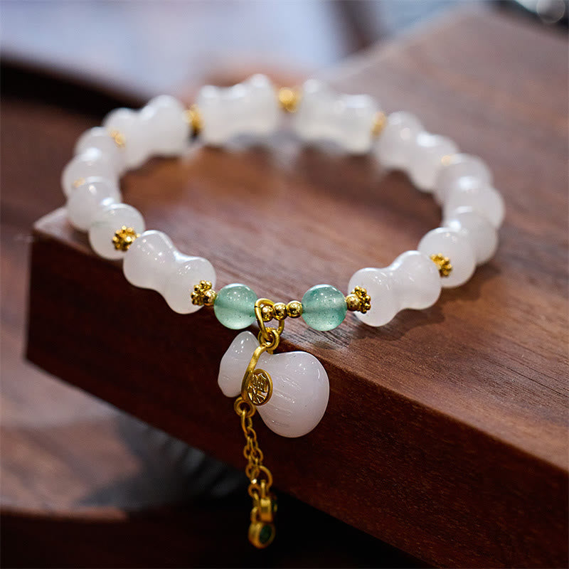 Natural White Golden Silk Jade Bamboo Pattern Wealth Lucky Bag Fu Character Bracelet