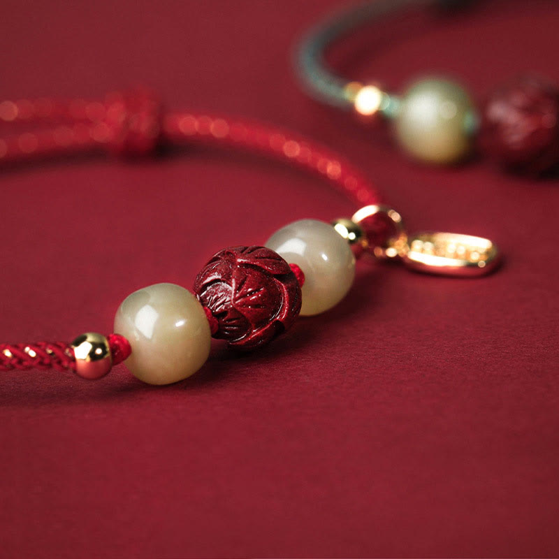 14K Gold Plated Hetian Jade Cinnabar Lotus Luck Handcrafted Rope Bracelet - Image 4