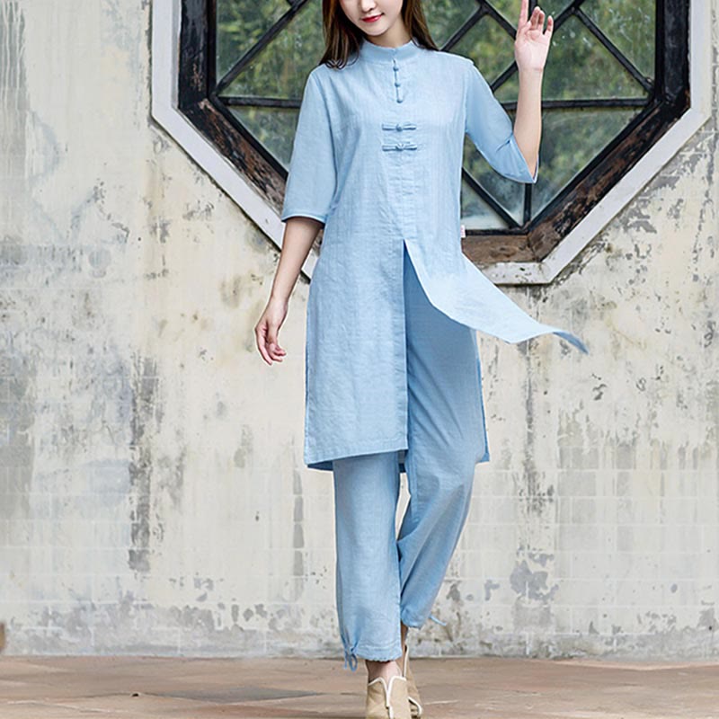 2Pcs Half Sleeve Shirt Top Pants Meditation Zen Tai Chi Linen Clothing Women's Set - Image 16