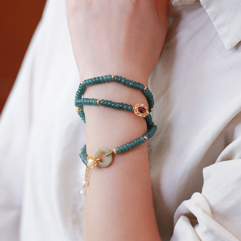 925 Sterling Silver Gold Plated Cyan Jade Flower Peace Buckle Success Triple Wrap Bracelet