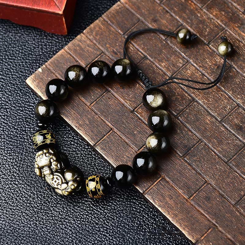 Natural Gold Sheen Obsidian PiXiu Om Mani Padme Hum Wealth Braided Bracelet - Image 7