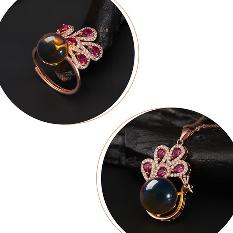 Peacock Amber Fortune Love Necklace Pendant Ring - Image 6