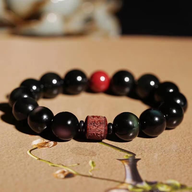Natural Gold Sheen Obsidian Rainbow Obsidian Om Mani Padme Hum Fu Character Healing Bracelet - Image 46