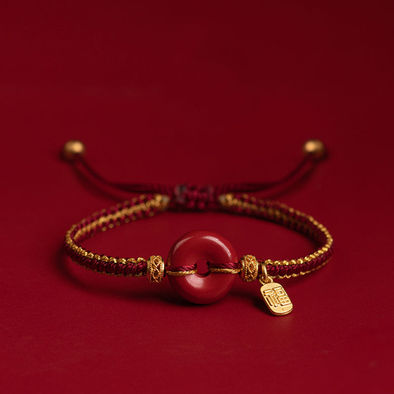 Natural Cinnabar Peace Buckle Fu Character Charm Blessing Braided Bracelet