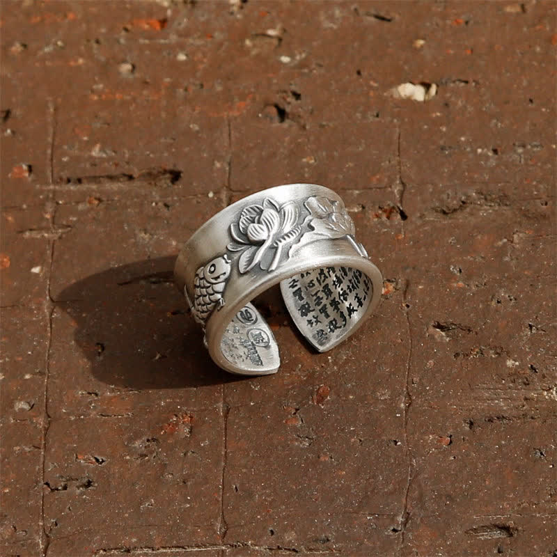 999 Sterling Silver Luck Koi Fish Lotus Heart Sutra Wealth Ring - Image 10