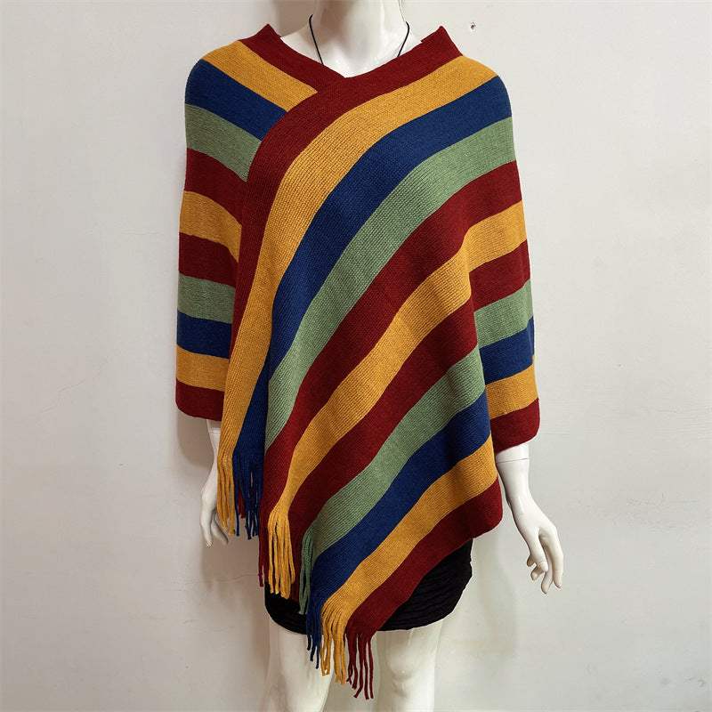 Tibetan Colorful Striped Design Shawl Tassels Pullover Winter Cozy Travel Scarf Wrap - Image 14