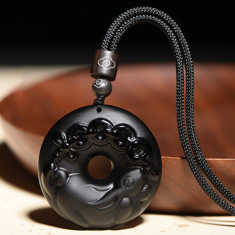 Chinese Zodiac Natural Black Obsidian Peace Buckle Strength Necklace Pendant