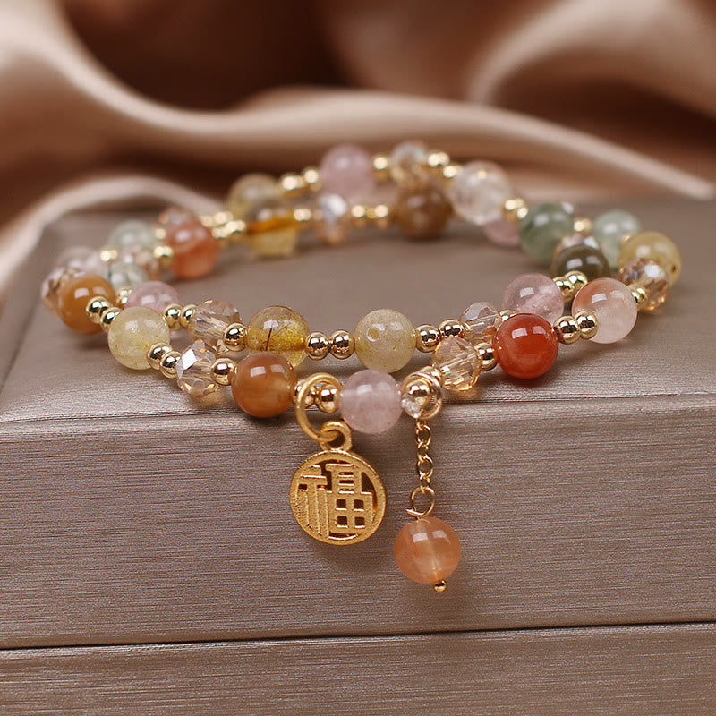 Multicolored Rutilated Quartz Fu Character Auspiciousness Bracelet