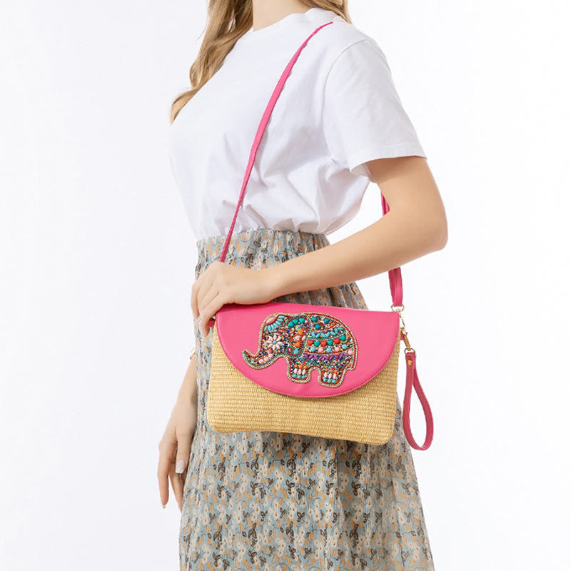 Hamsa Elephant Flower Straw Woven Crossbody Bag Shoulder Bag Handbag - Image 12