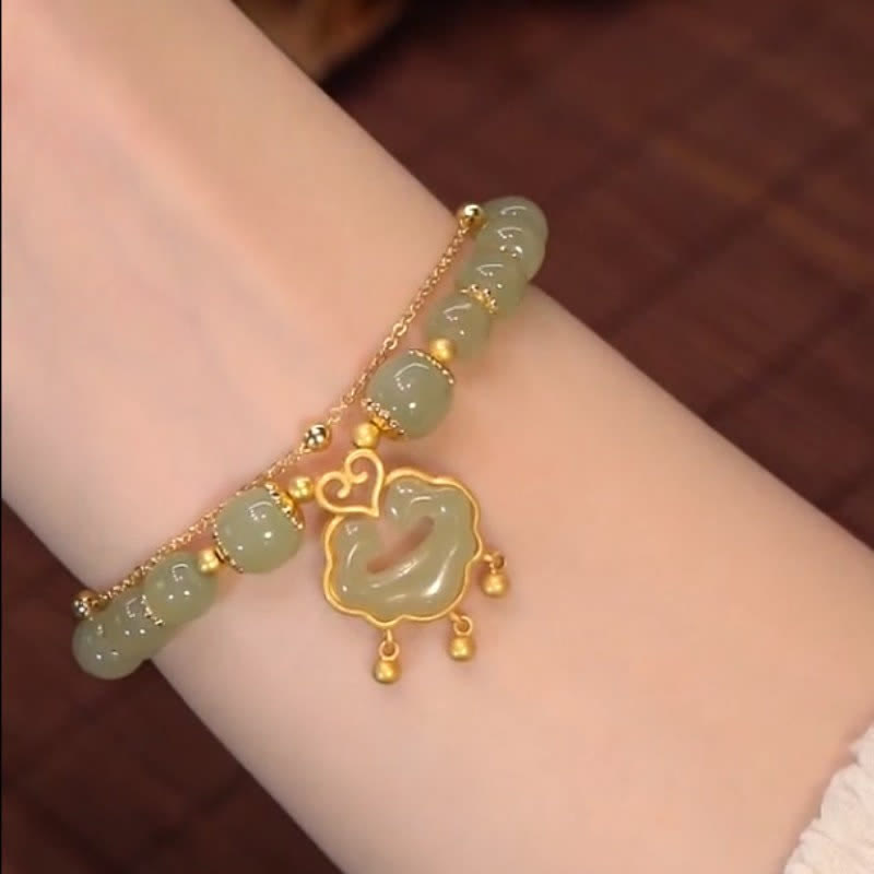 14K Gold Plated Natural Hetian Jade Wish Lock Bell Chain Bracelet - Image 3