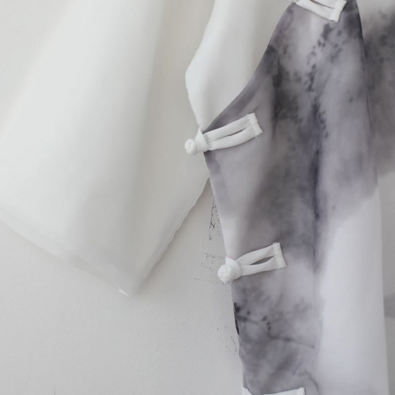 Men's Frog-Button Mountain Landscape Ink Painting Half Sleeve Shirt - Image 10