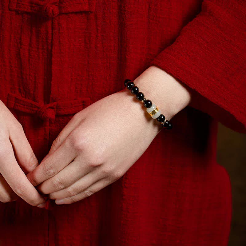 Black Obsidian Jade Om Mani Padme Hum Strength Couple Magnetic Bracelet - Image 7