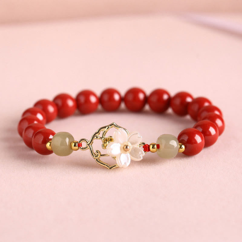 Natural Cinnabar Jade Beaded Tridacna Stone Flower Blessing Bracelet - Image 12