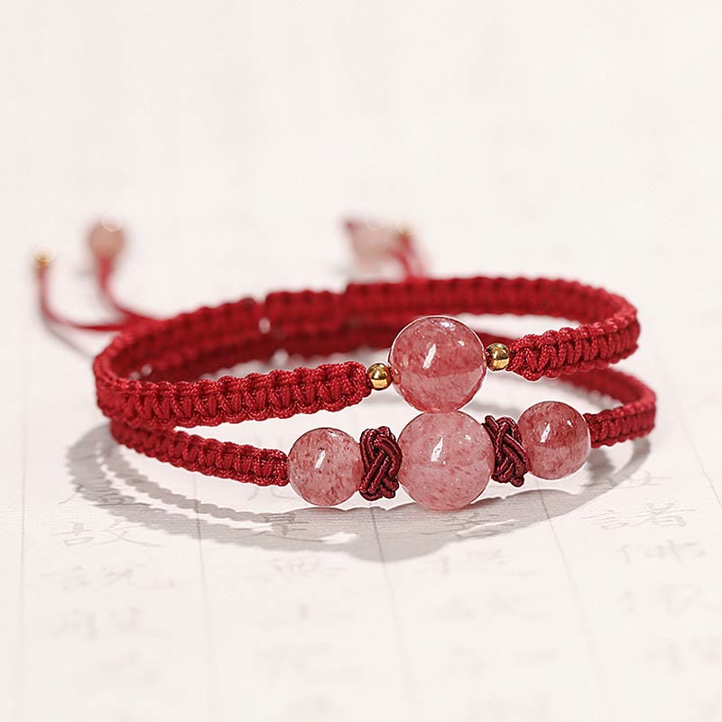 Natural Strawberry Quartz Crystal Love Red String Weave Bracelet Anklet
