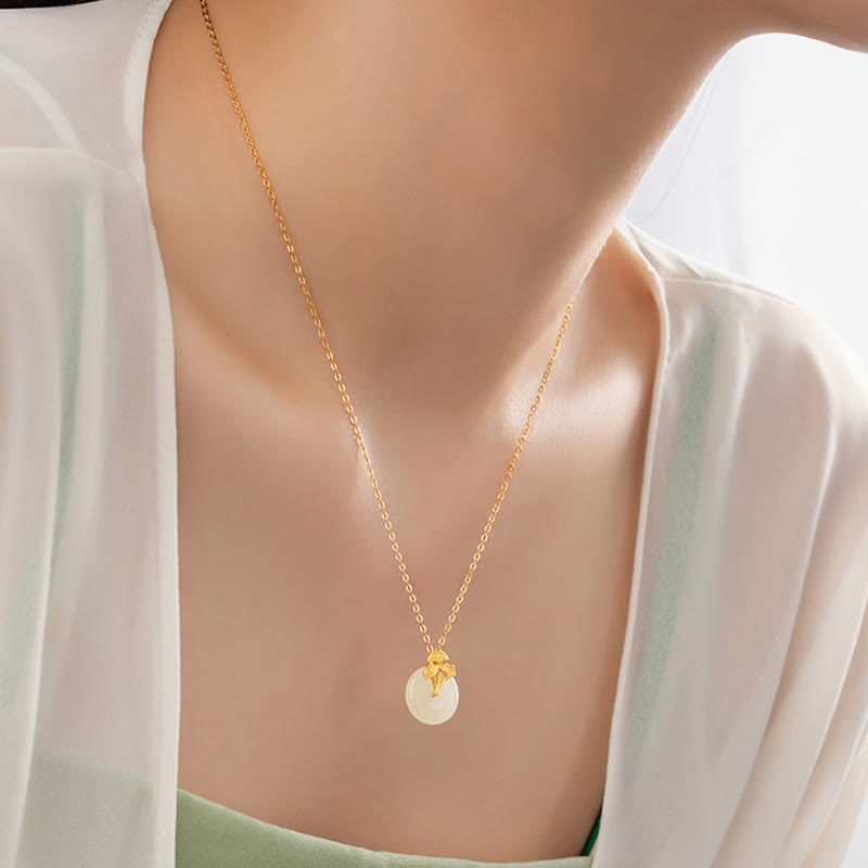 925 Sterling Silver Hetian Jade Ginkgo Leaves Prosperity Necklace Pendant - Image 8