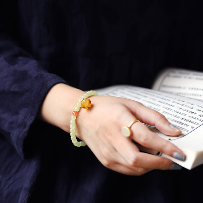 Natural Hetian Jade Pumpkin Amber Red Agate Crystal Prosperity Bracelet - Image 7