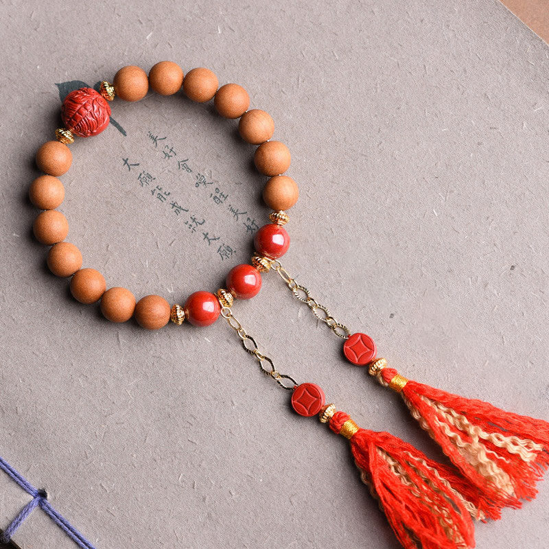 Tibetan Natural Peach Wood Cinnabar PiXiu Wealth Tassels Bracelet