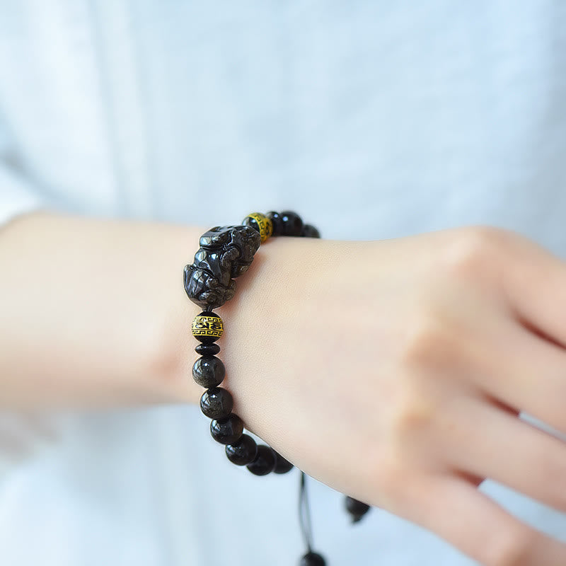 Natural Gold Sheen Obsidian PiXiu Om Mani Padme Hum Wealth Braided Bracelet - Image 11