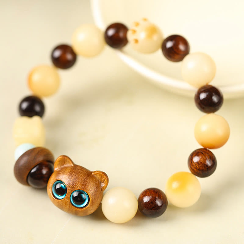 Natural Bodhi Seed Sandalwood Lucky Cute Cat Head Paw Claw Peace Bracelet - Image 3