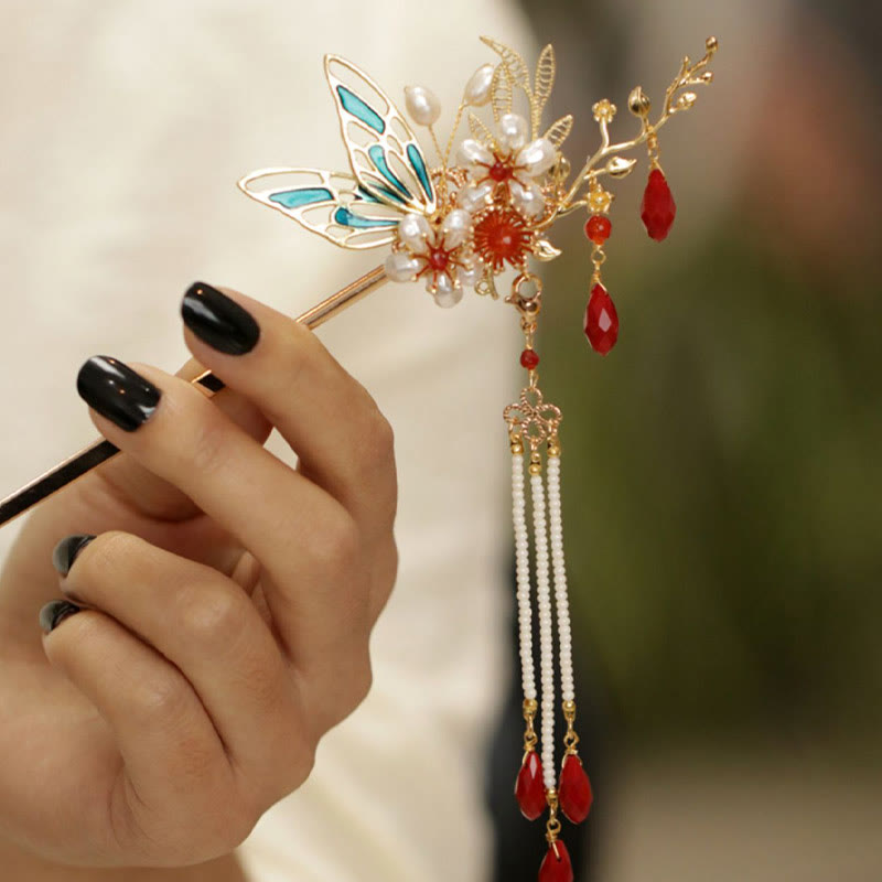 Classical Chinese Style Flower Branche Butterfly Pearl Tassel Hair Clip Hair Comb Hair Crown - Image 12