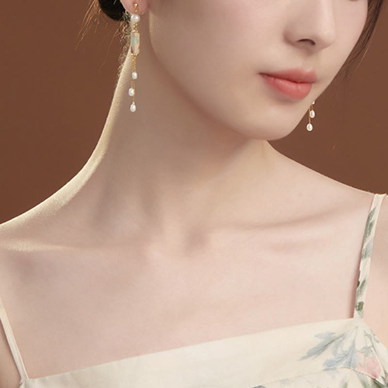 925 Sterling Silver Posts Shoushan Stone Pearl Healing Drop Earrings - Image 6