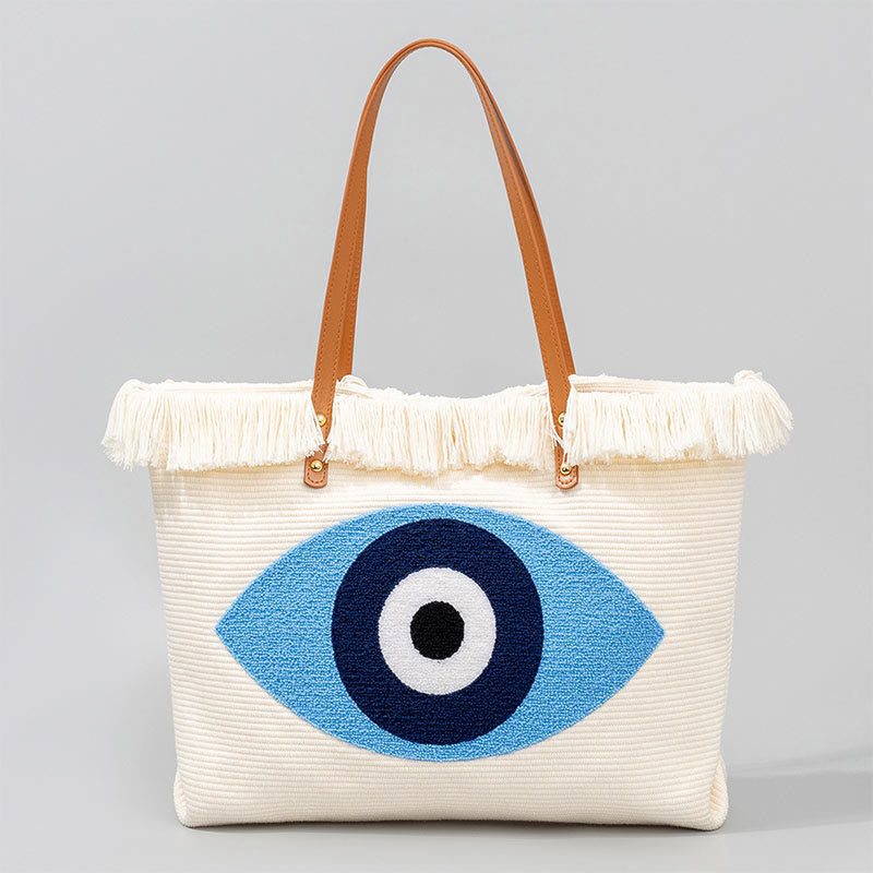 Large Capacity Evil Eye Leaf Hamsa Tassel Canvas Tote Shoulder Bag