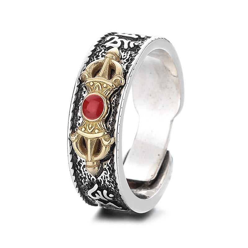 Tibetan Om Mani Padme Hum Red Agate Dorje Vajra Design Wisdom Ring - Image 6