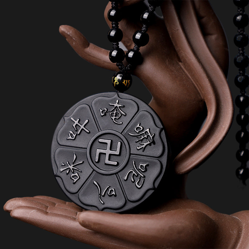 Natural Black Obsidian Tibetan Om Mani Padme Hum Buddha Swastika Luck Necklace Pendant - Image 3