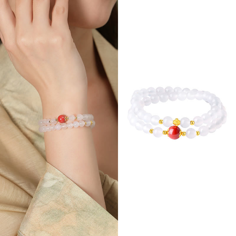 925 Sterling Silver Natural White Agate Cinnabar Double Wrap Protection Bracelet - Image 12