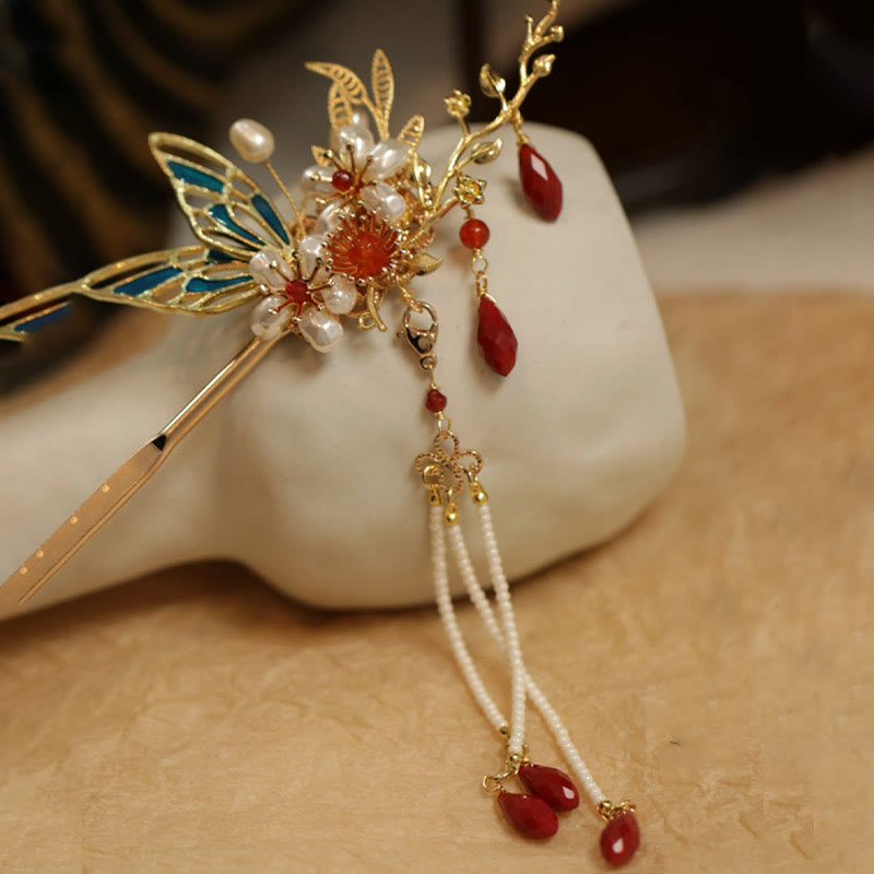 Classical Chinese Style Flower Branche Butterfly Pearl Tassel Hair Clip Hair Comb Hair Crown - Image 27
