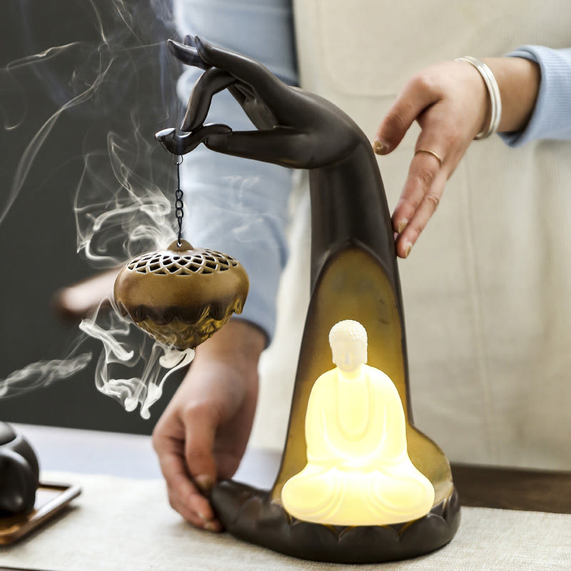 Led Buddha Hand Backflow Smoke Fountain Healing Ceramic Stick Incense Burner Decoration - Image 4