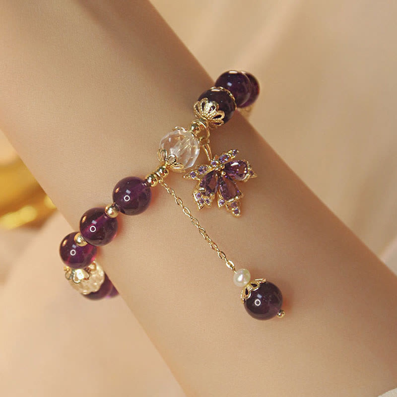 14k Gold Plated Natural Amethyst Healing Maple Leaf Charm Bracelet
