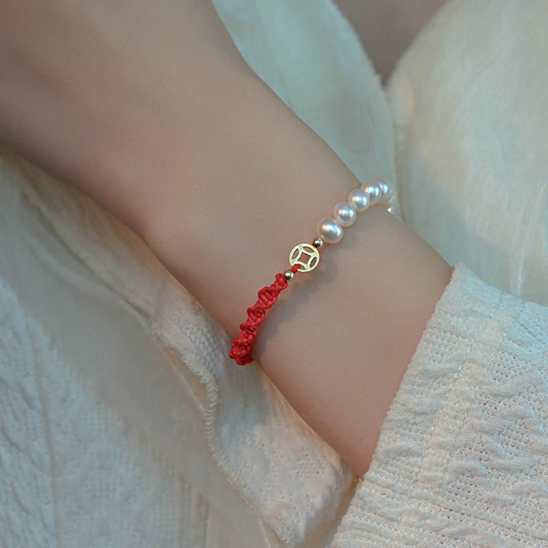 14K Gold Plated Pearl Bead Luck Protection Braid Red String Bracelet - Image 11
