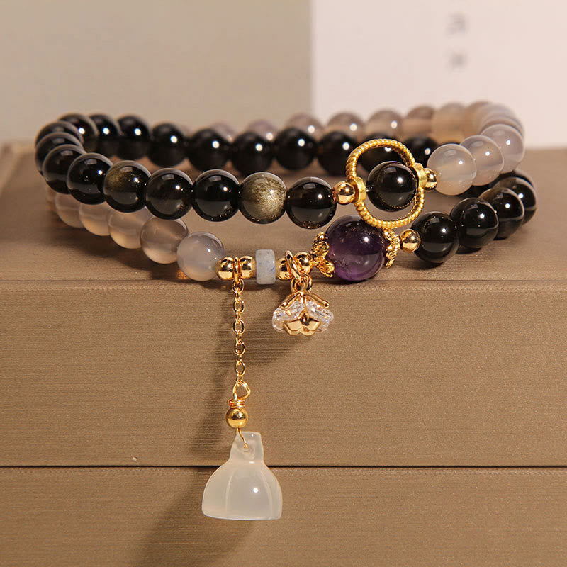 Gold Sheen Obsidian Gray Agate Lotus Charm Strengthen Double Wrap Bracelet
