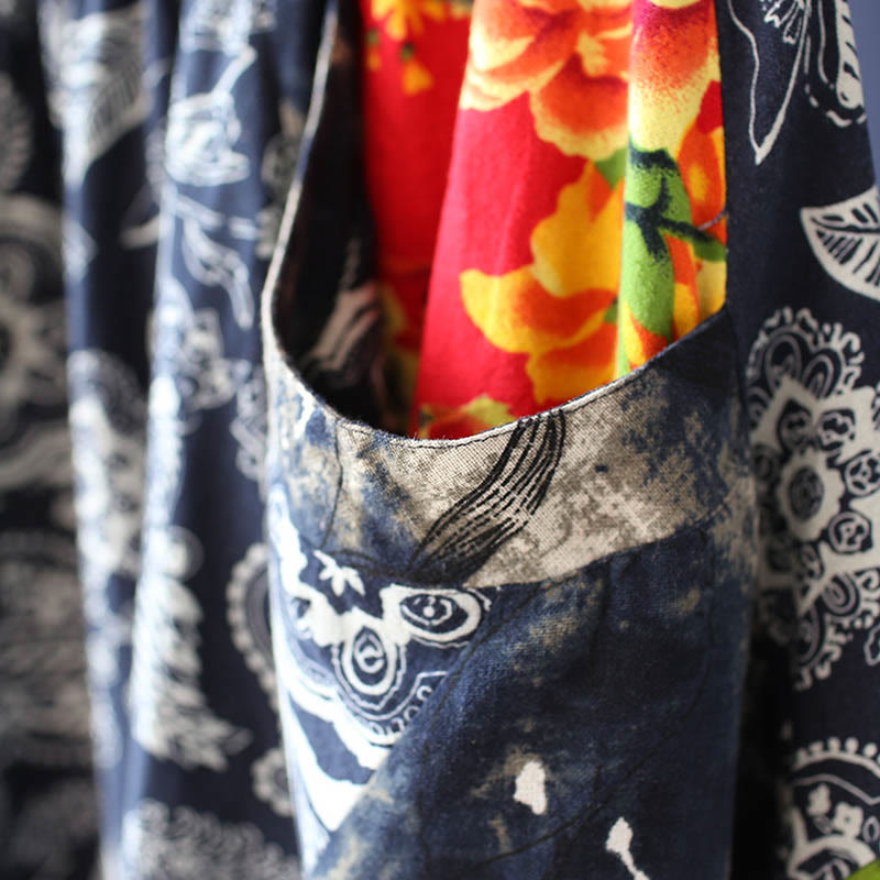 Blue Red Peony Flowers Patchwork Cotton Linen Harem Pants With Pockets - Image 10