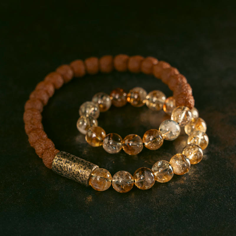 Natural Citrine Crystal Rudraksha Bodhi Seed Brass Bead Prosperity Double Wrap Bracelet