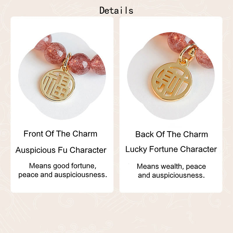 14K Gold Plated Strawberry Quartz Fu Character Healing Charm Bracelet - Image 5