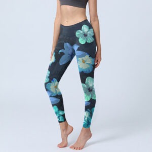 Green Blue Floral Print Exercise Leggings Women's Yoga Pants