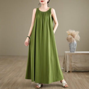 Summer Casual Plain Pleated Design Sleeveless Crew Neck Cotton Midi Dress With Pockets